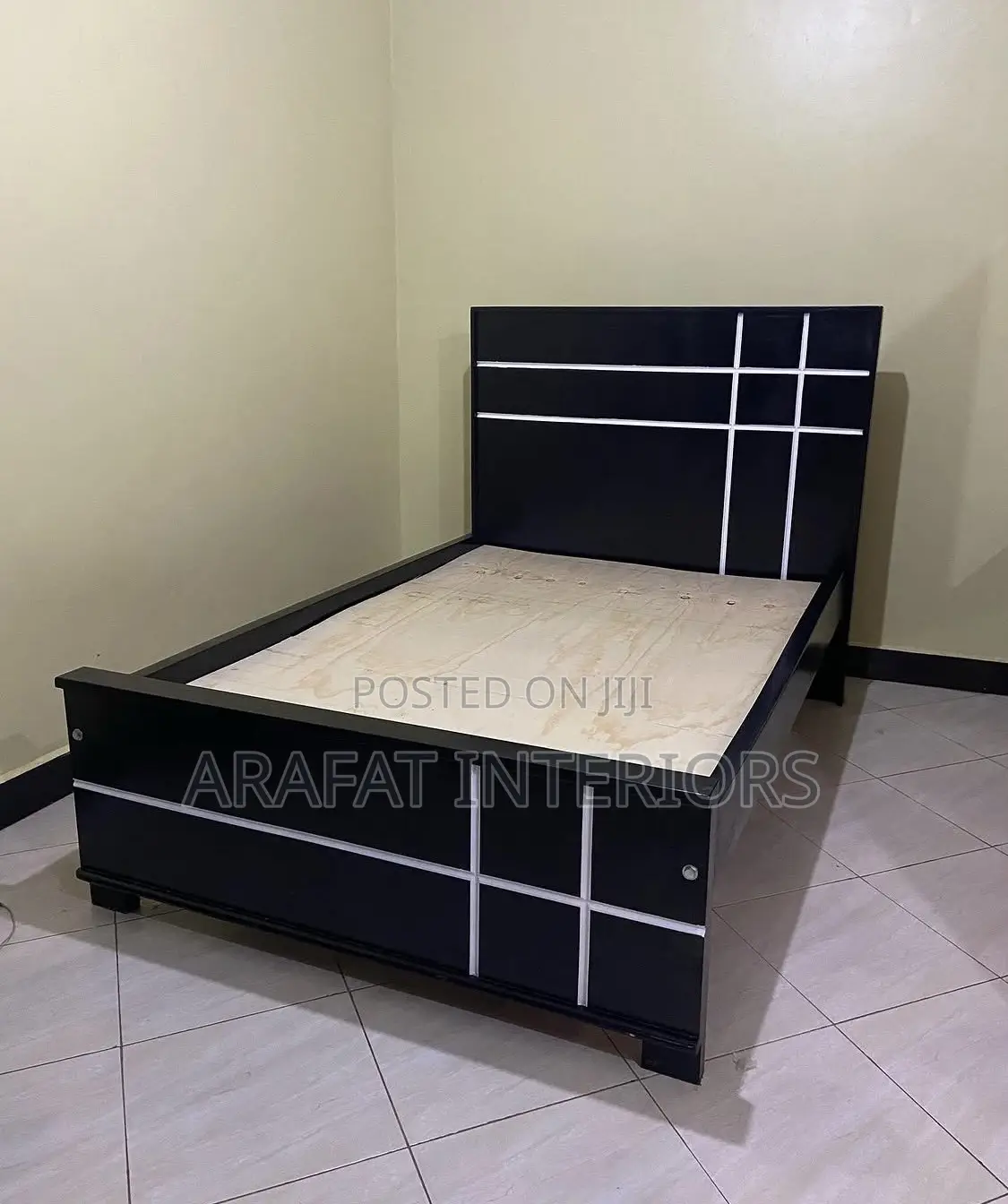 Stylish Modern Black Bed Frame With Sleek Silver/White Grid Design
