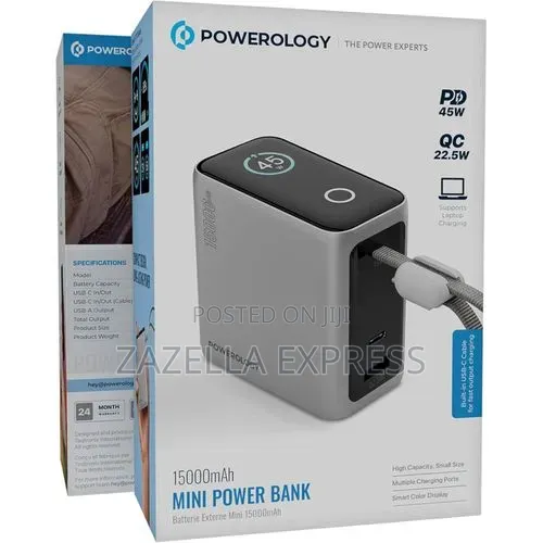 Powerology 15000mah Mini Power Bank 45w With Smart Color Display