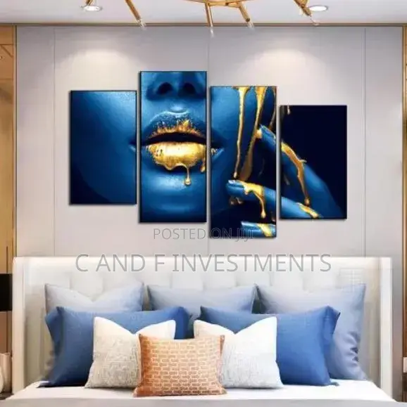 4pcs Diy African Woman Blue Face and Gold Lips Decorative Paintings.