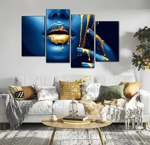 4pcs Diy African Woman Blue Face and Gold Lips Decorative Paintings.