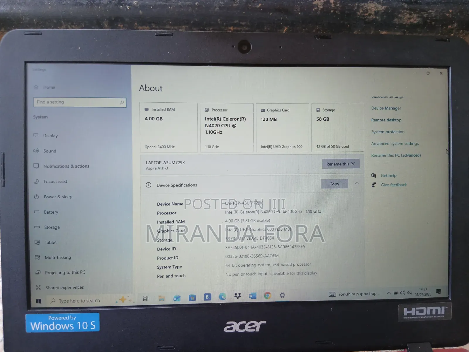 Laptop Acer Aspire 1 A114-31 4GB Intel Celeron SSD 60GB
