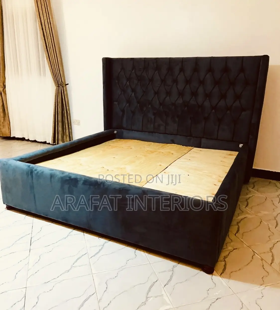 6by6 Beautiful Modern King Size Bed Frame in Rich Navy Blue Velvet