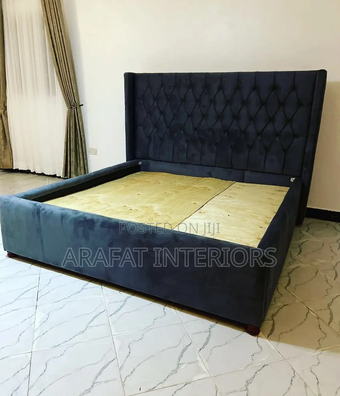 6by6 Beautiful Modern King Size Bed Frame in Rich Navy Blue Velvet