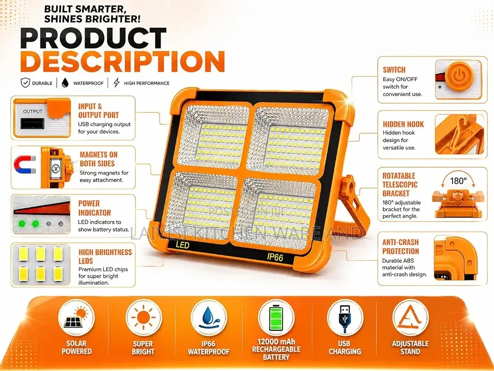 Solar Led Flood Light, Rechargeable,5modes Waterproof Light
