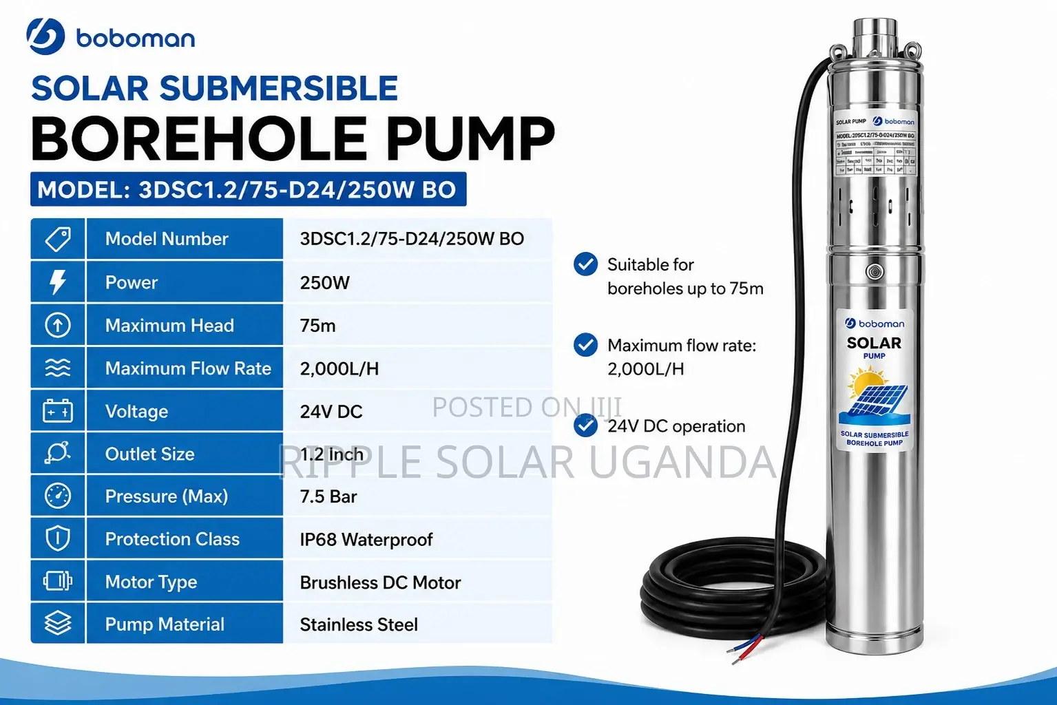 250w Solar Borehole Water Pump, 75m Head, 24v Deep Well Pump