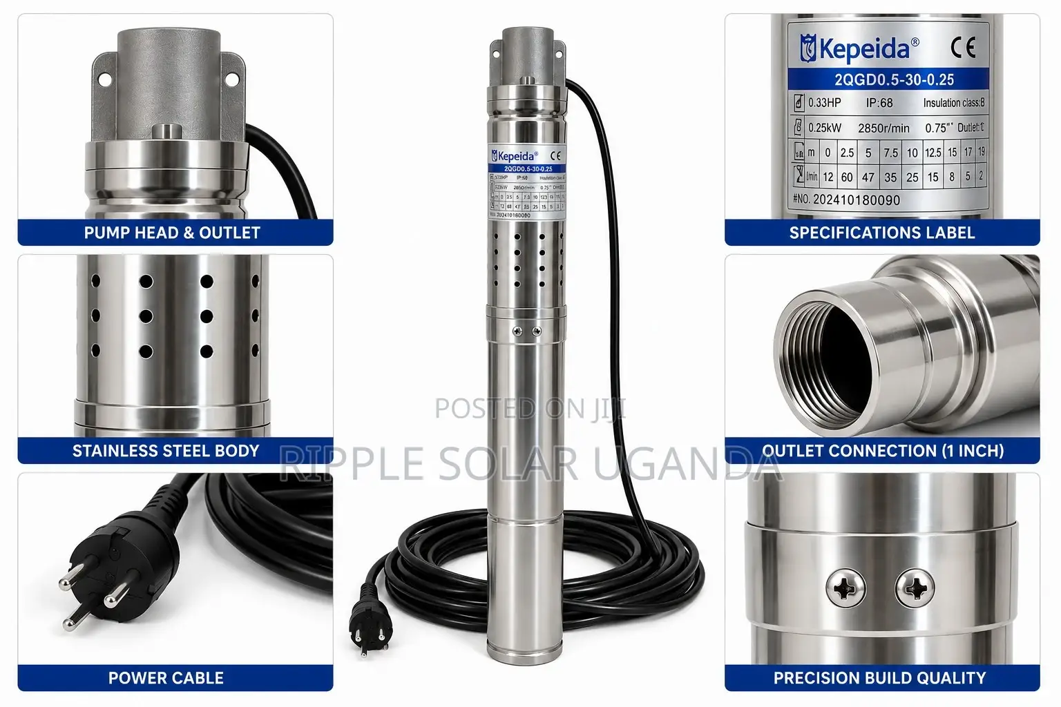 250w Ac Borehole Water Pump 70m Head Deep Well 220v 1800l/H