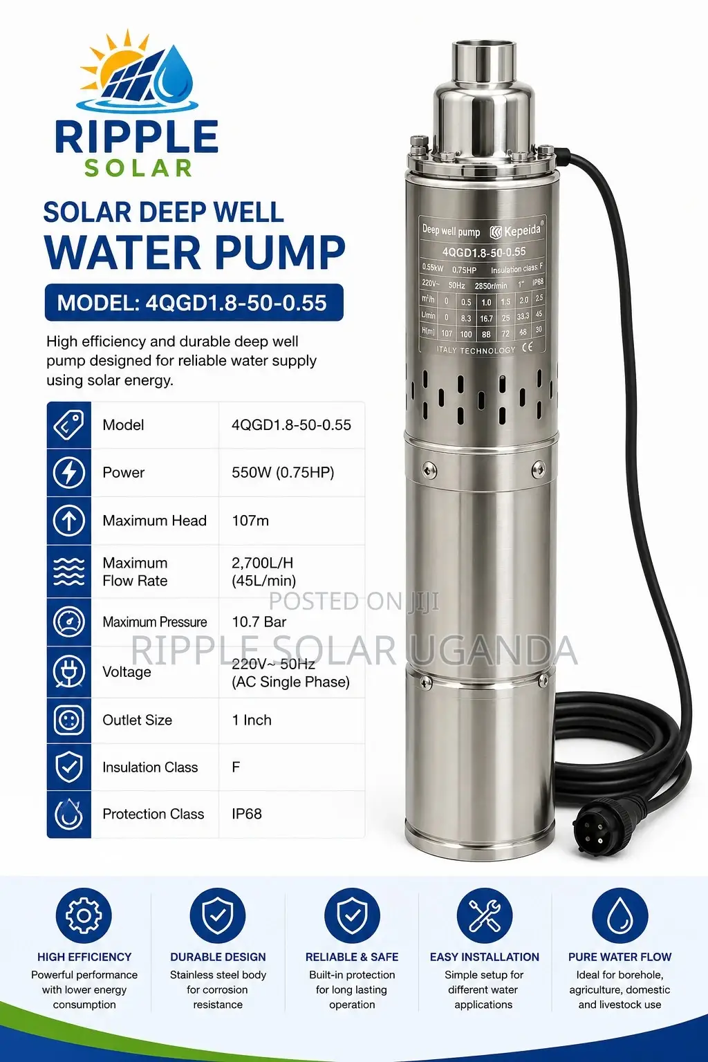 550w AC Borehole Water Pump 107m Deep Well 2700l/H 220v