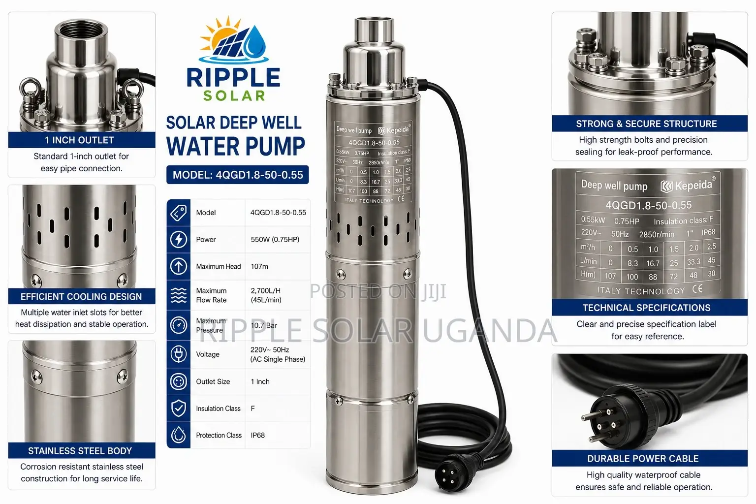 550w AC Borehole Water Pump 107m Deep Well 2700l/H 220v
