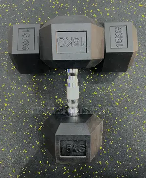 15kg Black Rubber Hex Dumbbells
