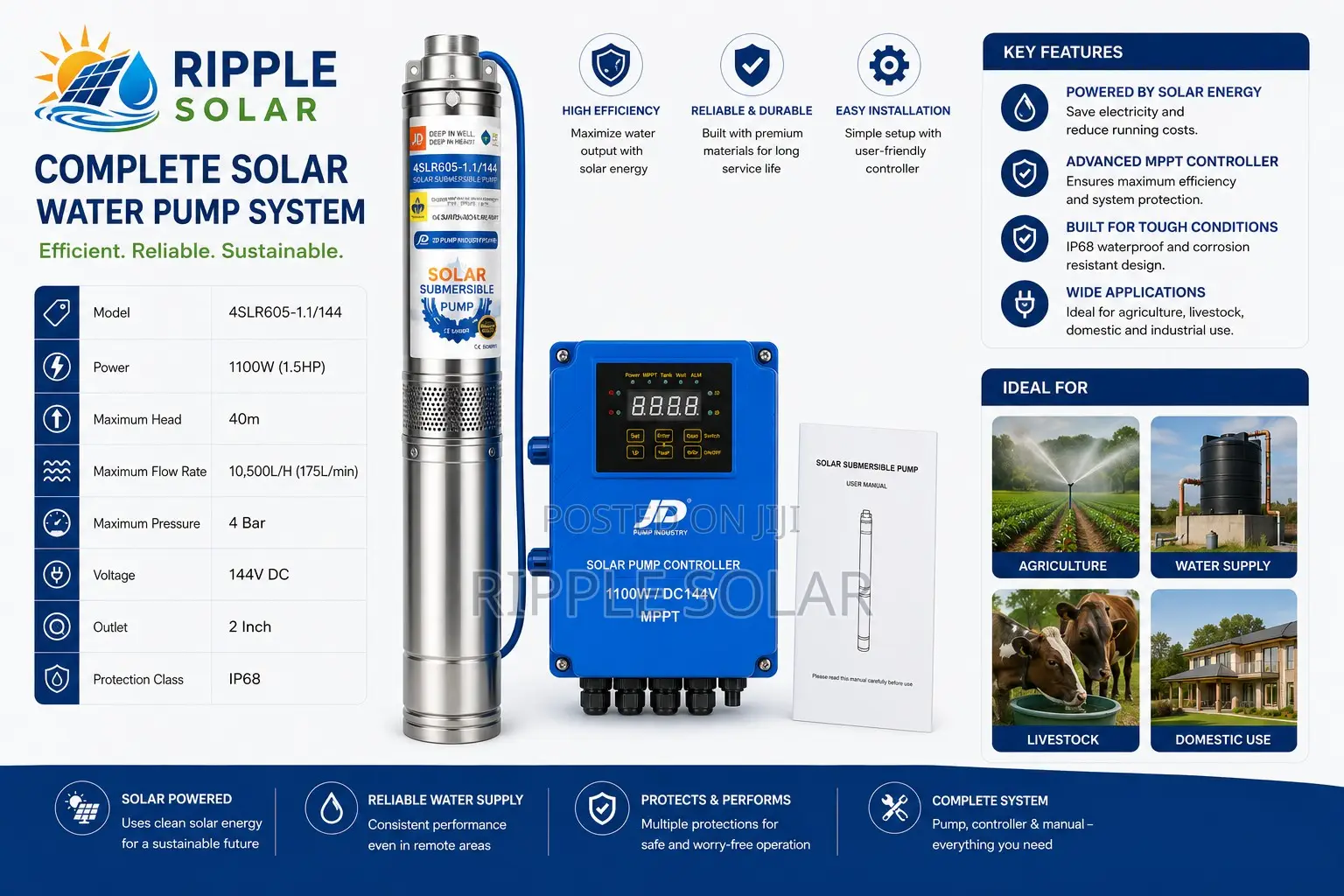 1100w Solar Water Pump 40m Head Borehole 144v High Flow