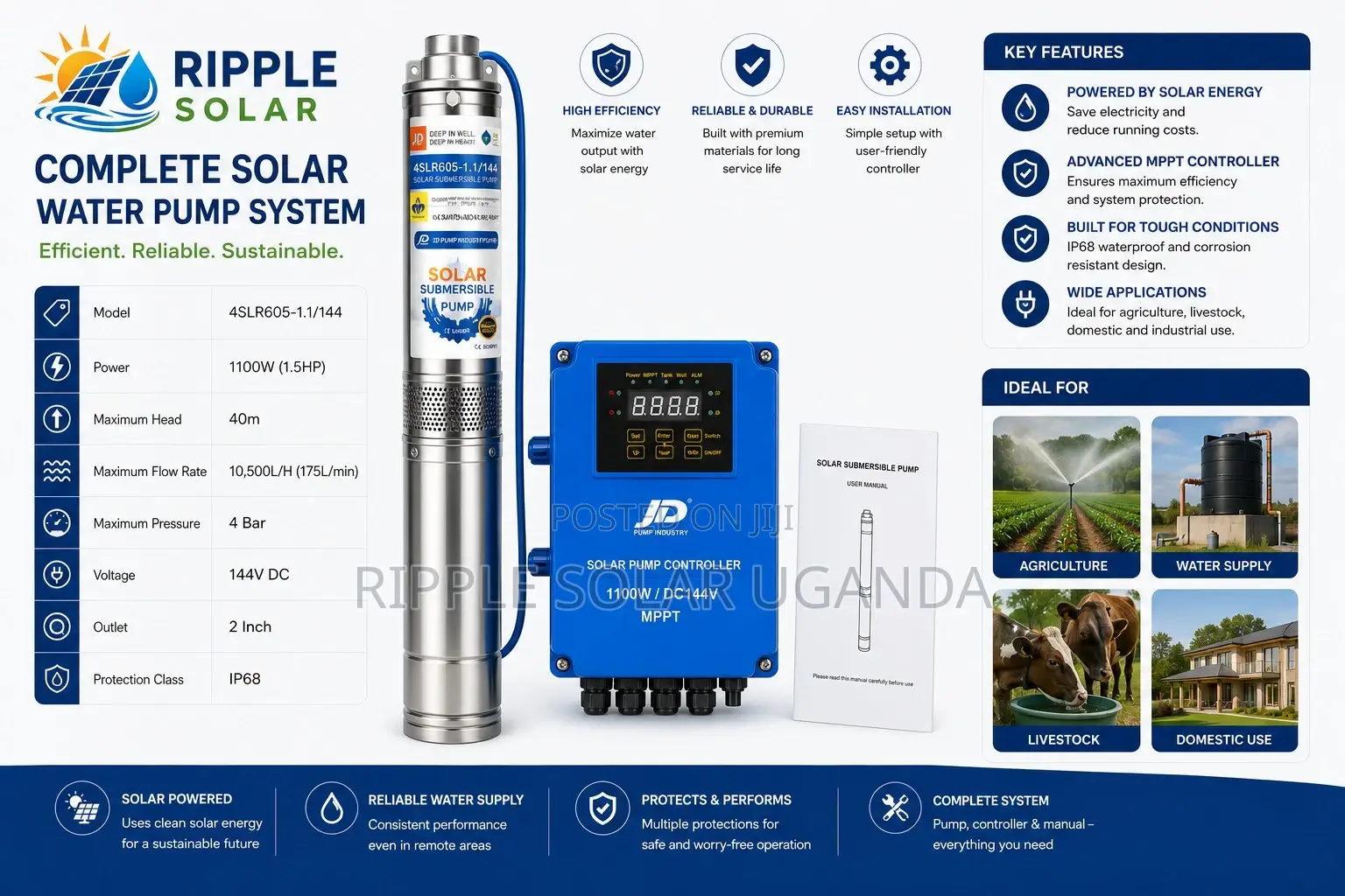 1100w Solar Water Pump 40m Head Borehole 144v High Flow