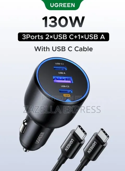 Ugreen 130w Super Fast Car Charger Fast Charging 3 Port Usb Car