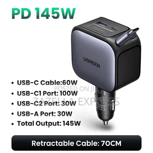 Ugreen 145w Retractable Car Charger With Built-in 60w Usb-C Cable 70c