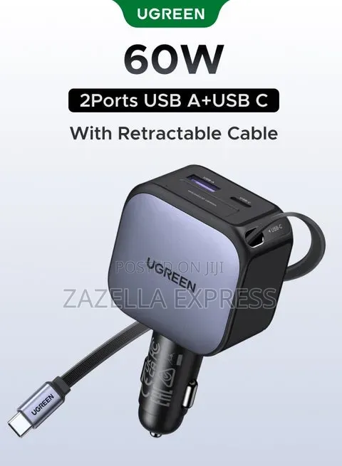 Ugreen 60w Car Charger Retractable 60w Built-in 0.7 M Type C Cable 2c1