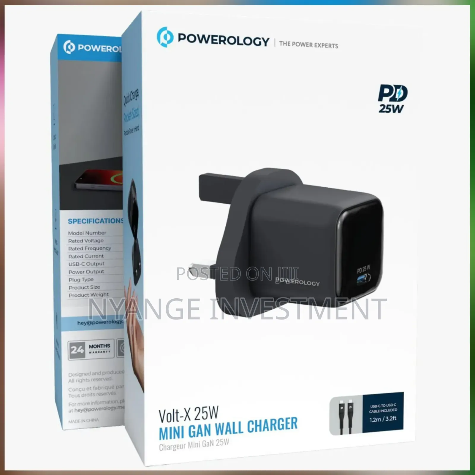 Powerology 25w Mini Gan Wall Charger With 1.2m Type C to Type C Cable