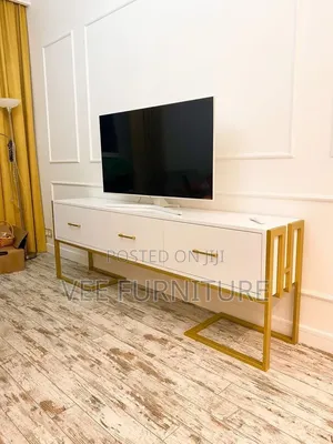 Modern White + Gold Tv Stand / Tv Unit With Drawers - Fluted Design