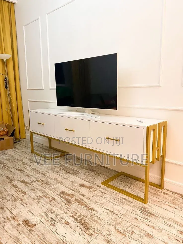 Modern White + Gold Tv Stand / Tv Unit With Drawers - Fluted Design