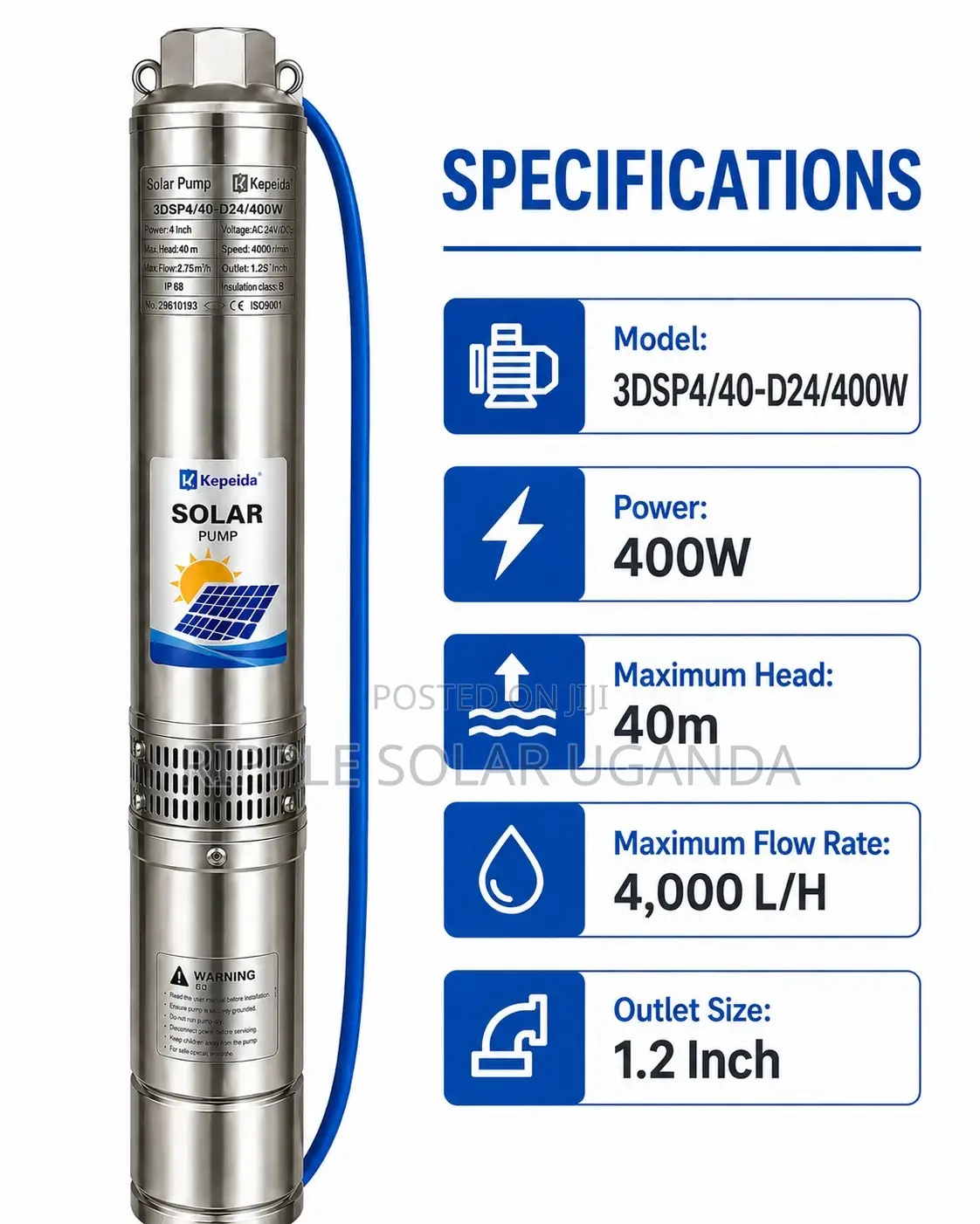 400w Solar Water Pump 40m Head Borehole Pump 4000l/H 24v