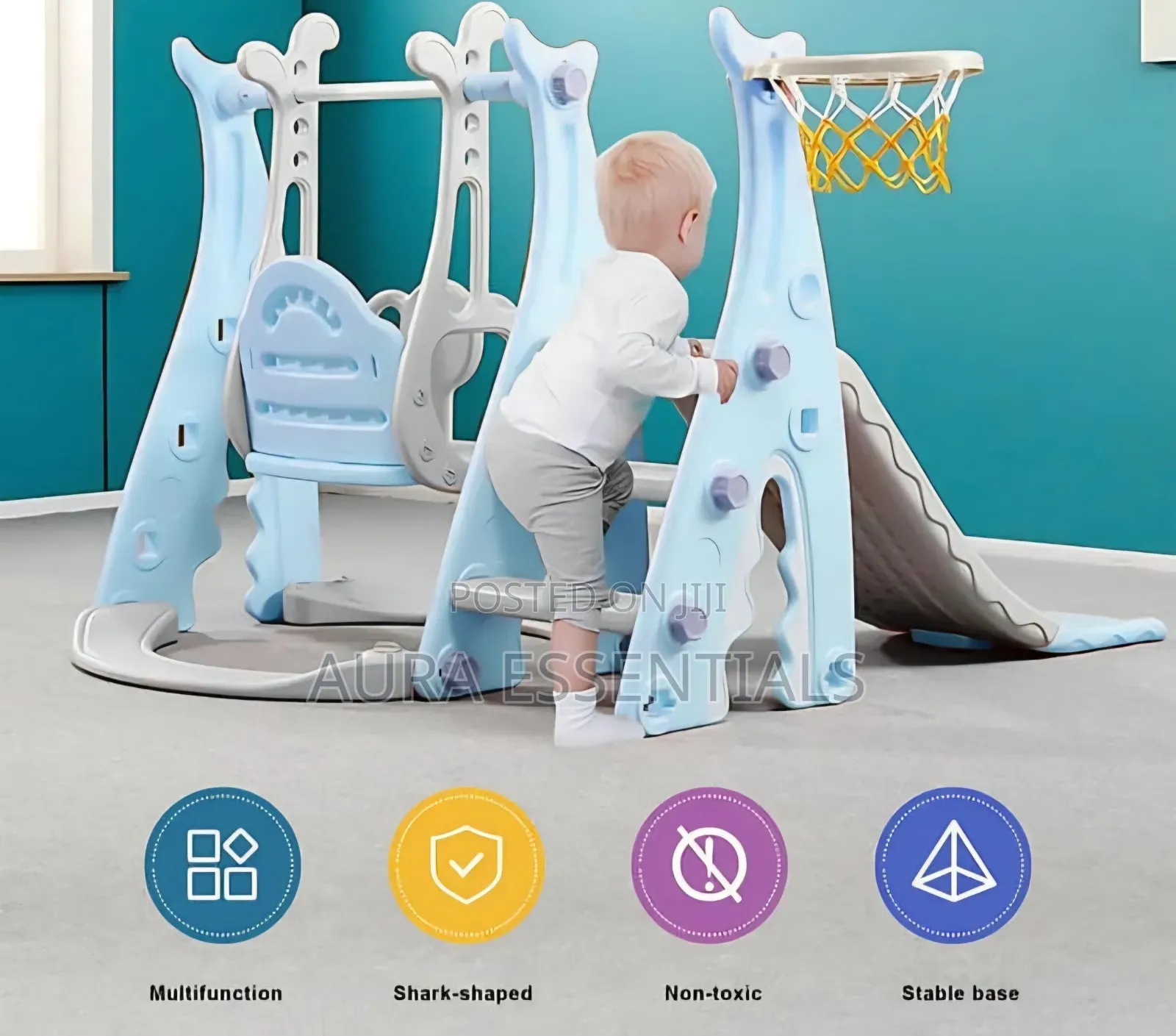 4-in-1 Indoor/Outdoor Swing Set for Kids With Basketball Hoop