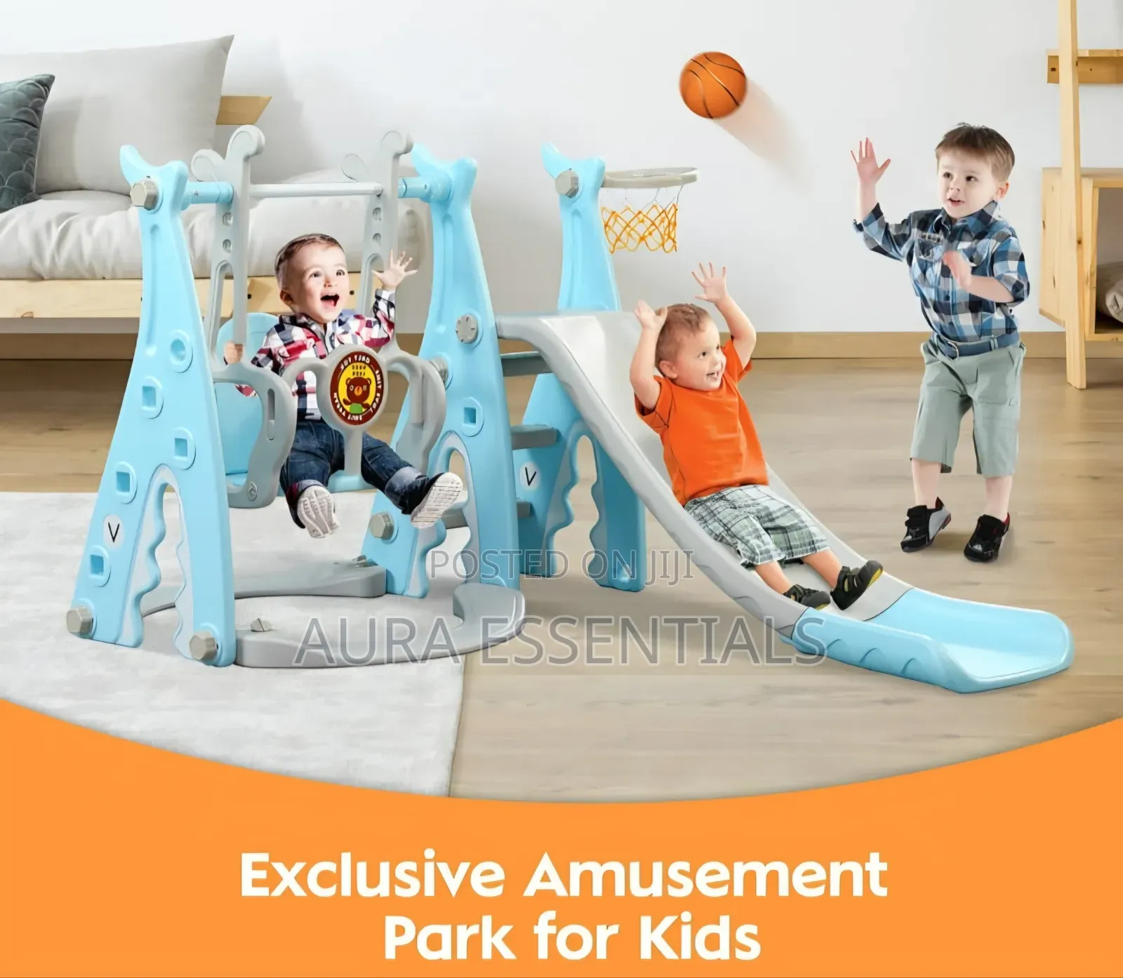 4-in-1 Indoor/Outdoor Swing Set for Kids With Basketball Hoop
