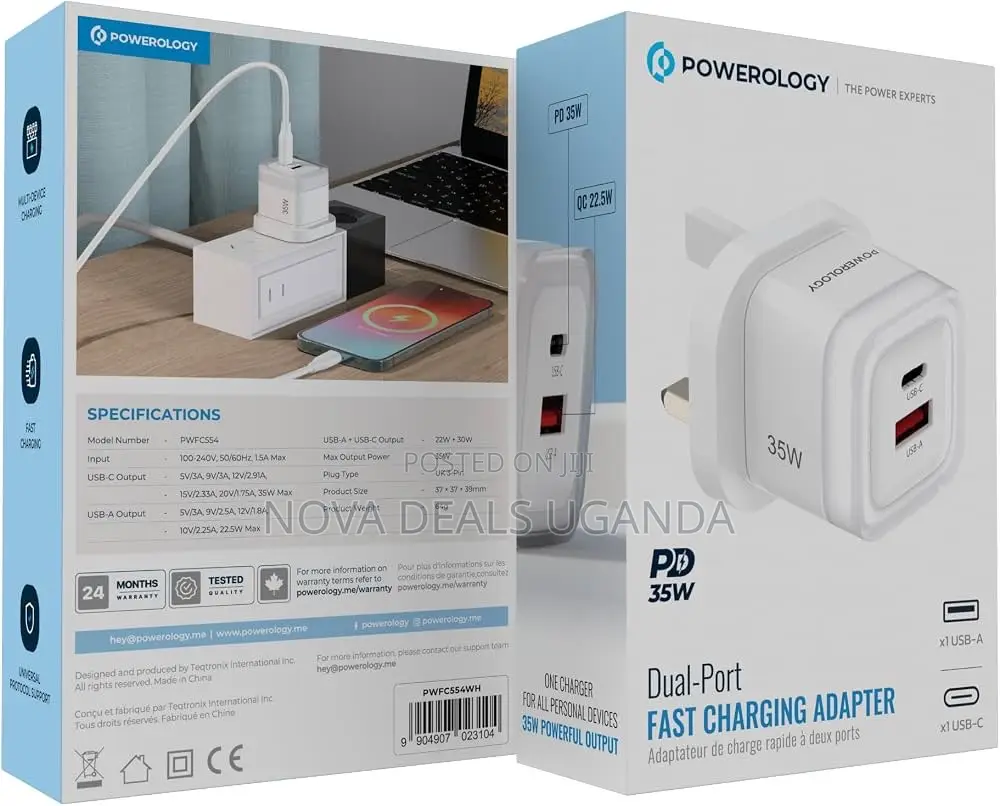 Powerology 35w Dual Port Fast Wall Charger, Usb-C Pd Usb-A