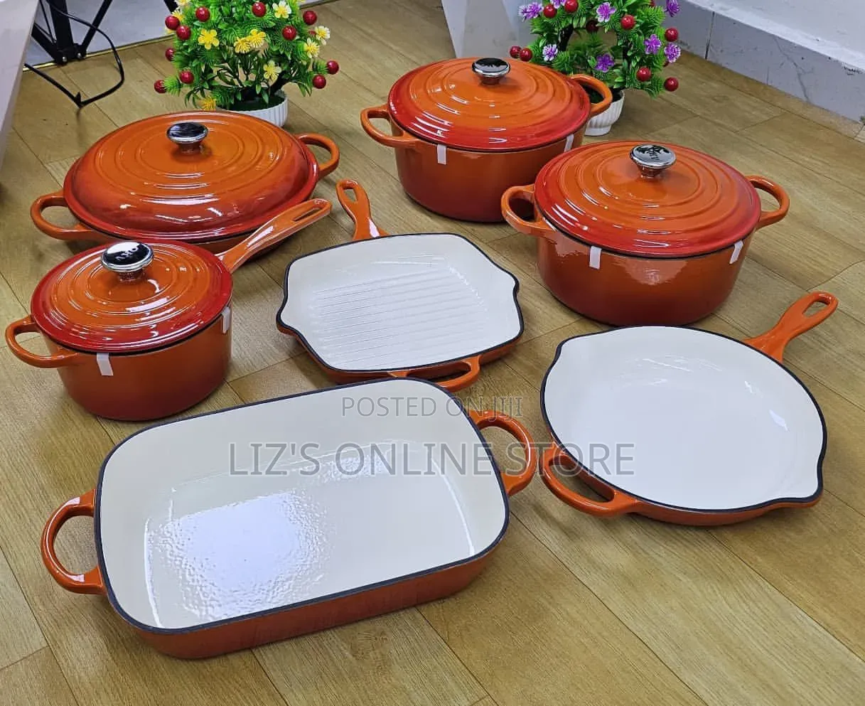 Heavy-Duty, Orange Enameled Cast Iron Cookware Set