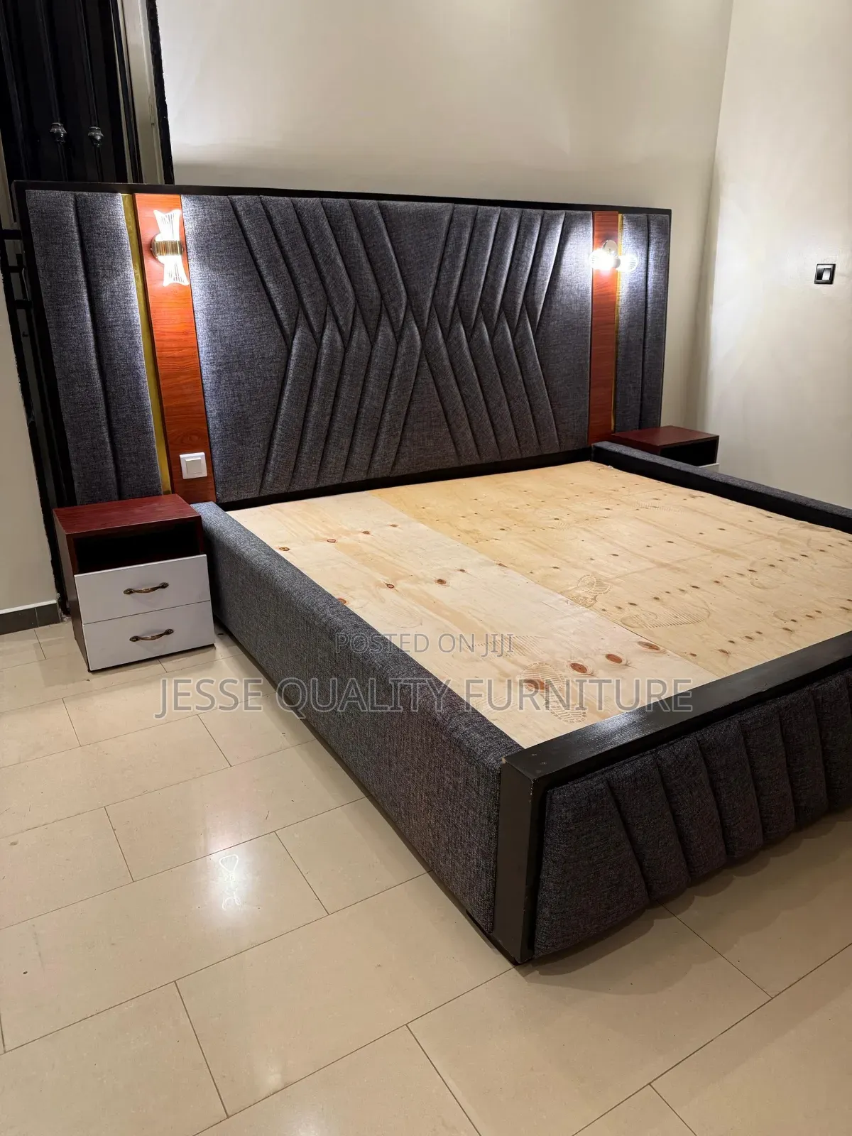 Gray Fabric Lined Bed