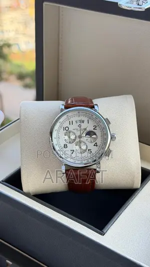 Rose Gold Chronograph Watch – White Dial, Brown Leather Strap
