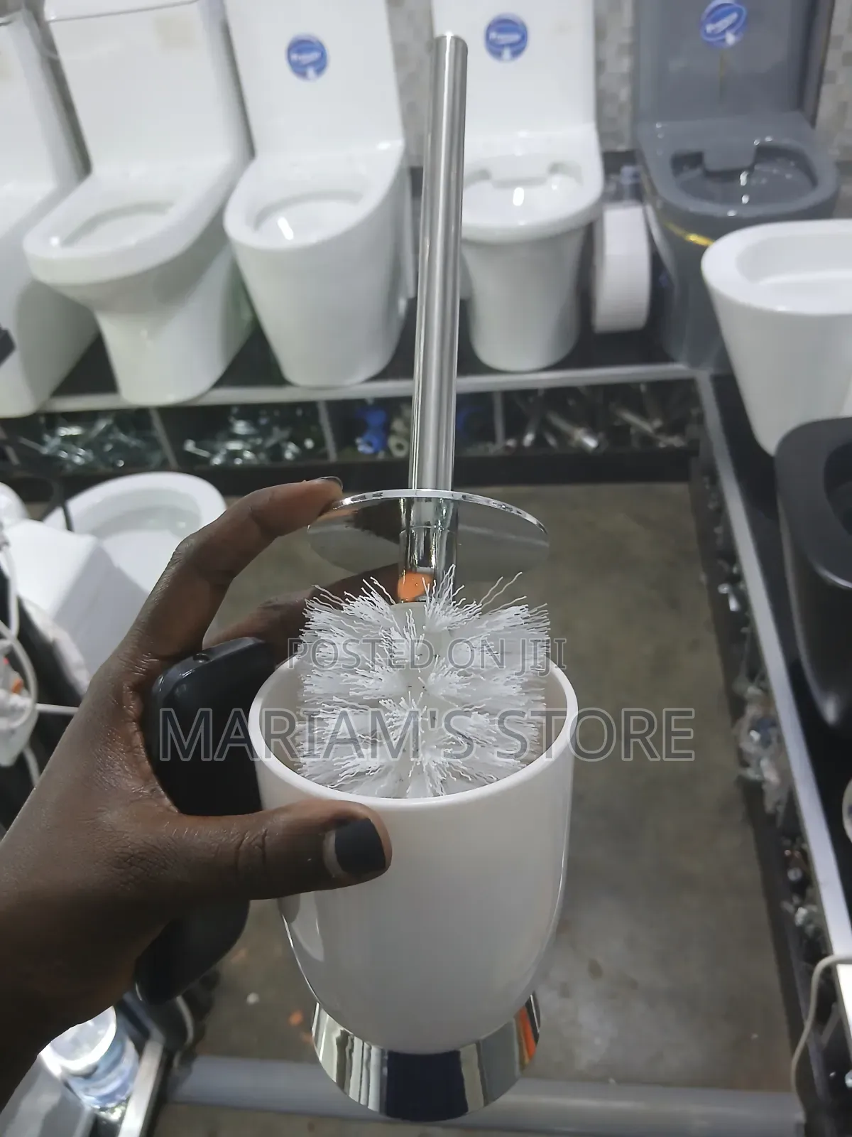 White Toilet Brush and Holder Set a Stainless Steel Handle