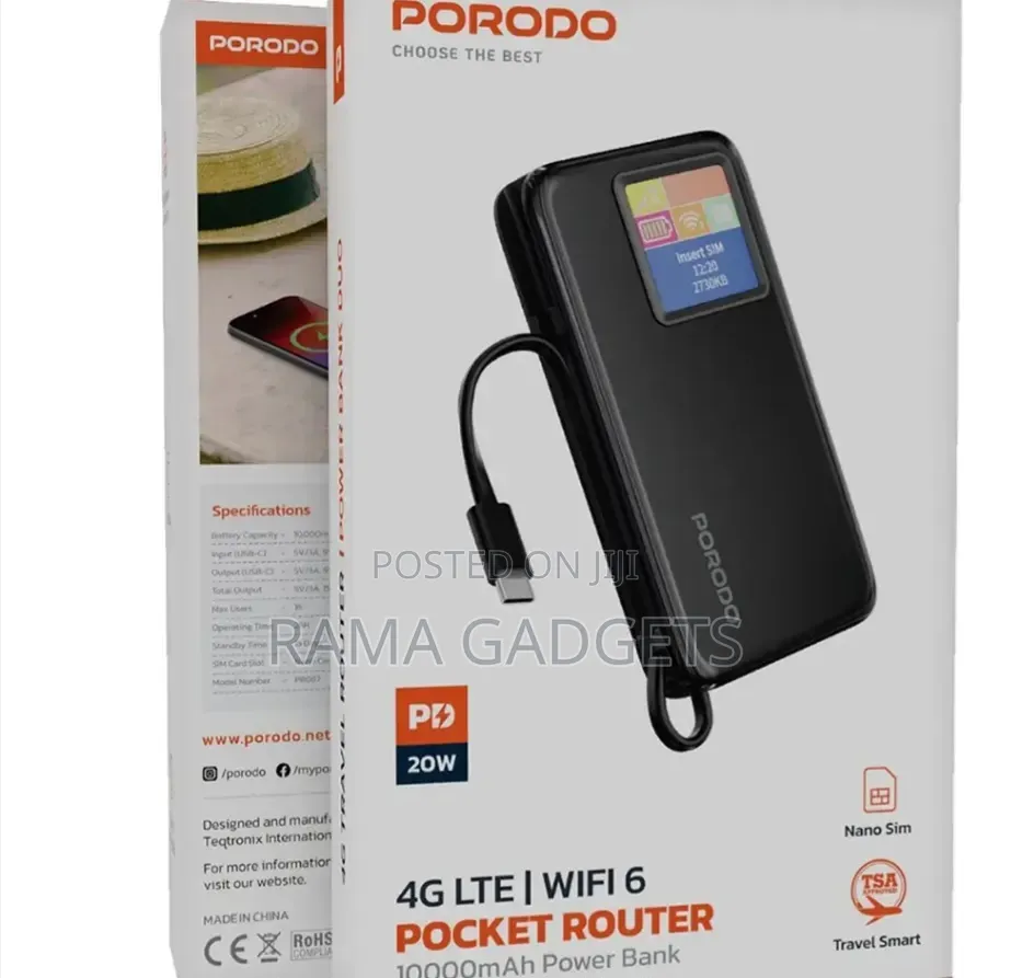 Porodo 4g Lte Wifi 6 Travel Router A Built-in 10000mah Power Bank.