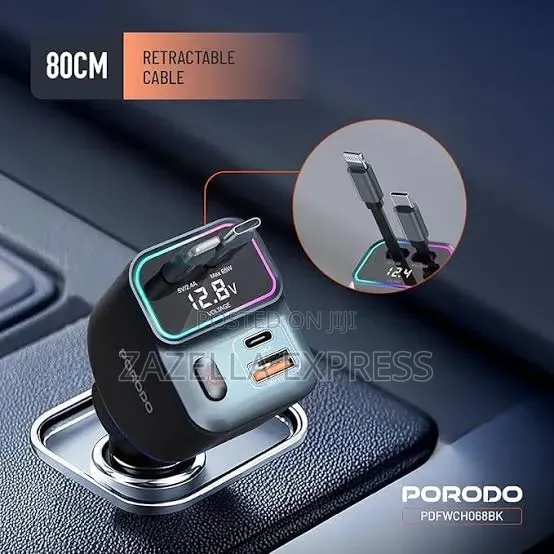 Porodo 65w 4in1 Car Charger With Retractable Type-C Lightning Cables