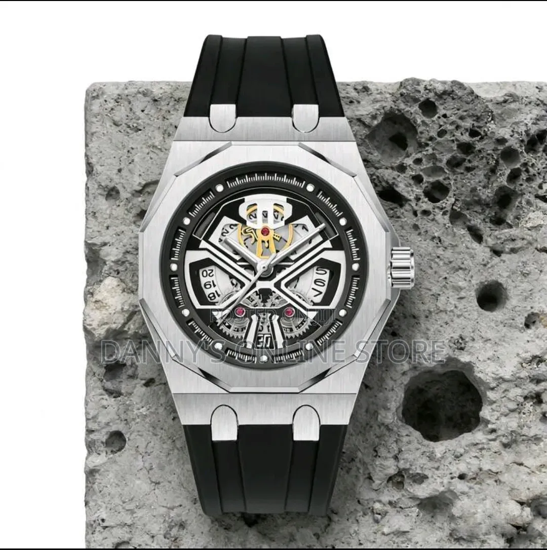 Pintime Men's Quartz Watch, 12-Sided, Silicone Strap, Hollow Mechanica