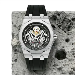 Pintime Men's Quartz Watch, 12-Sided, Silicone Strap, Hollow Mechanica