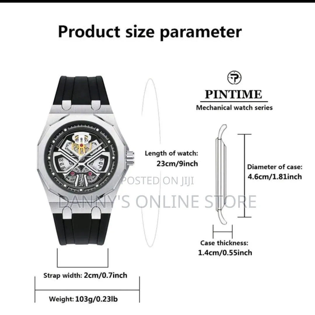 Pintime Men's Quartz Watch, 12-Sided, Silicone Strap, Hollow Mechanica