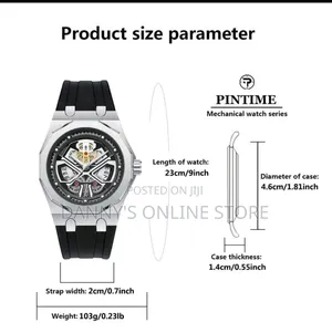 Pintime Men's Quartz Watch, 12-Sided, Silicone Strap, Hollow Mechanica