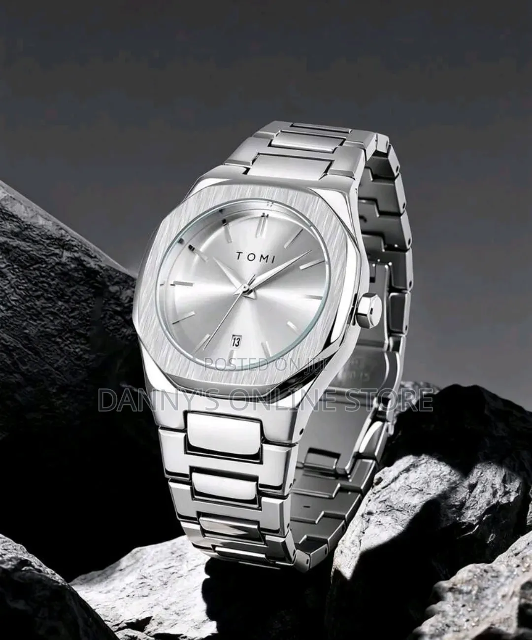 Tomi Men's Octagonal Steel Band Calendar Quartz Gift Box Set Watch.