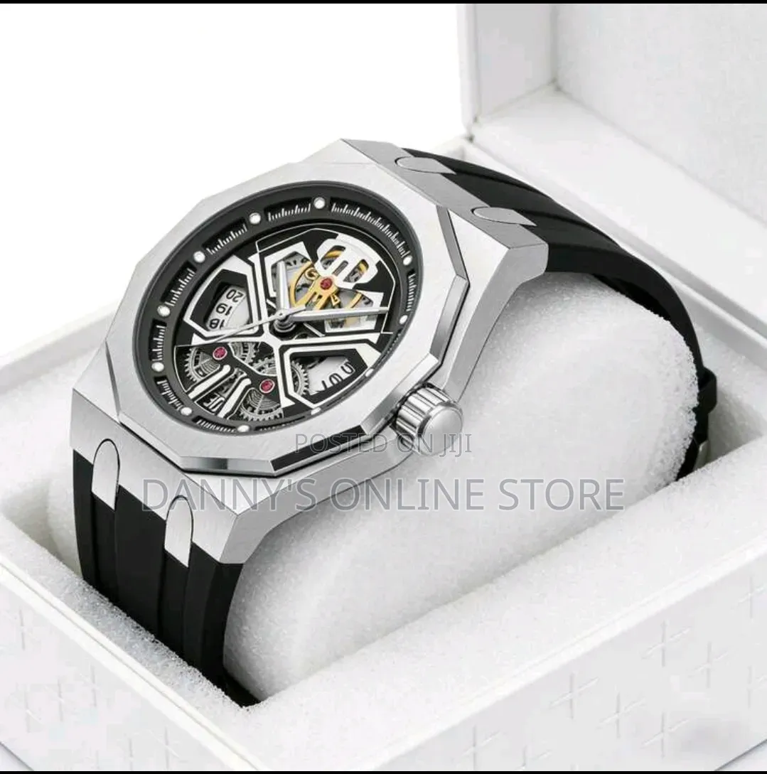 Pintime Men's Quartz Watch, 12-Sided, Silicone Strap, Hollow Mechanica