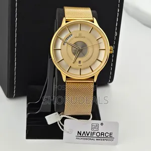 Naviforce Nf3007m Gold-Tone Quartz Watch. It Features a Distinct Ridge