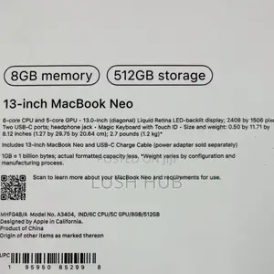 New Laptop Apple MacBook Neo 2026 8GB SSD 512GB