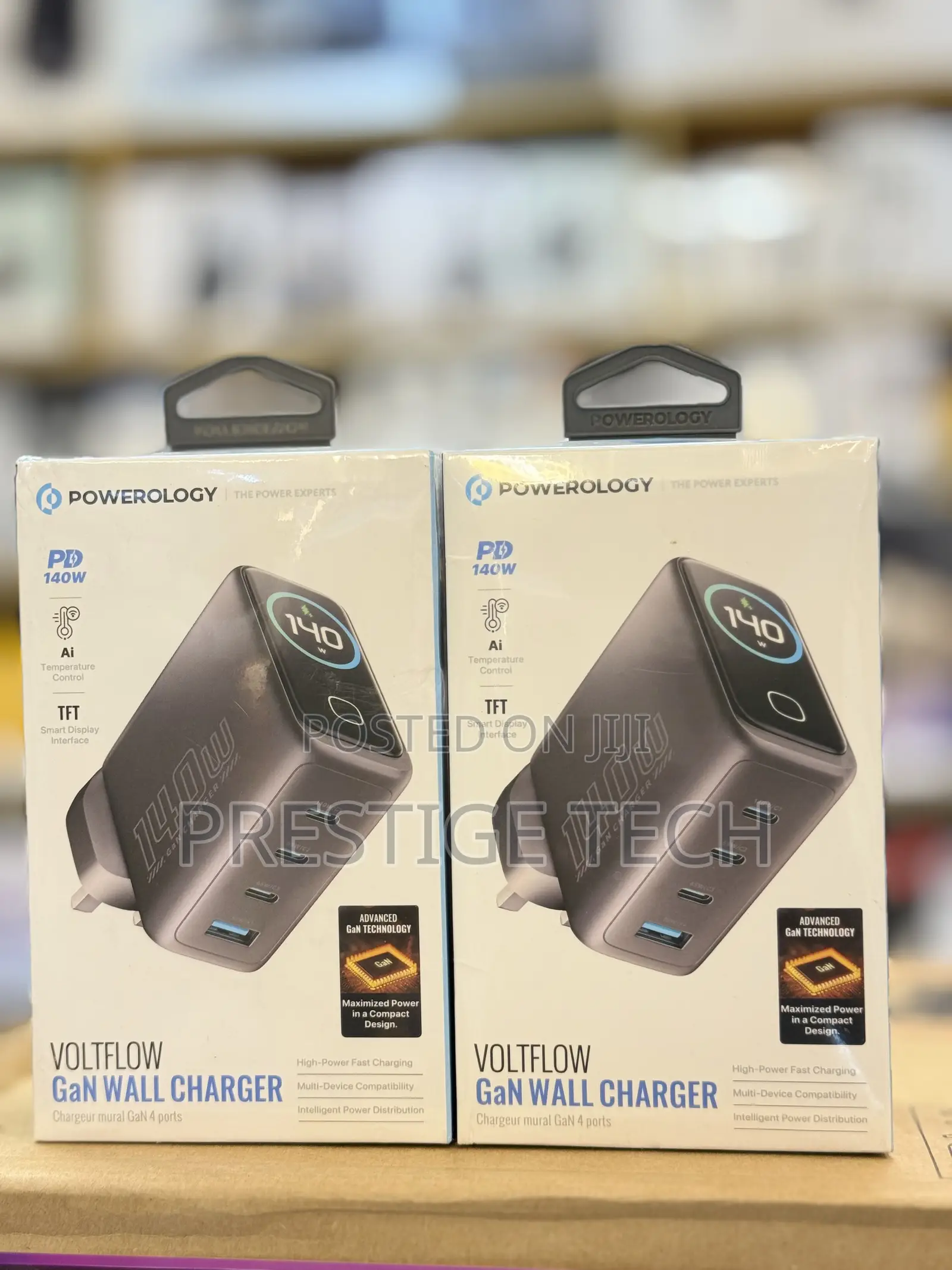 Powerology Volt Flow 140w Usb-C Charger, Gan Wall Adapter With Screen