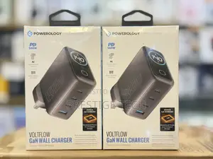 Powerology Volt Flow 140w Usb-C Charger, Gan Wall Adapter With Screen