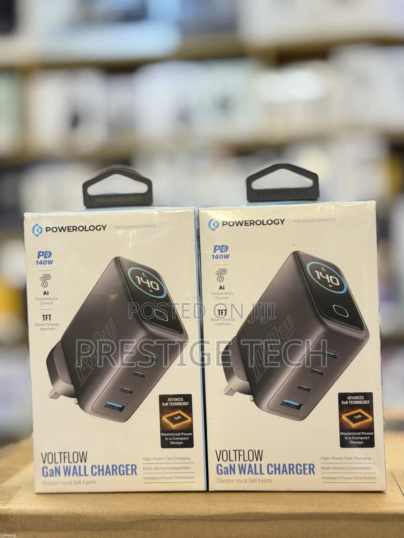 Powerology Volt Flow 140w Usb-C Charger, Gan Wall Adapter With Screen