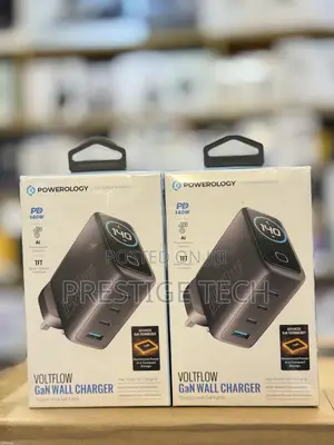 Powerology Volt Flow 140w Usb-C Charger, Gan Wall Adapter With Screen