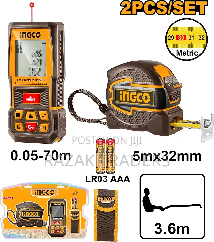 Ingco Laser Distance Detector Combo Kit, 70m Range, ±2mm Accuracy,