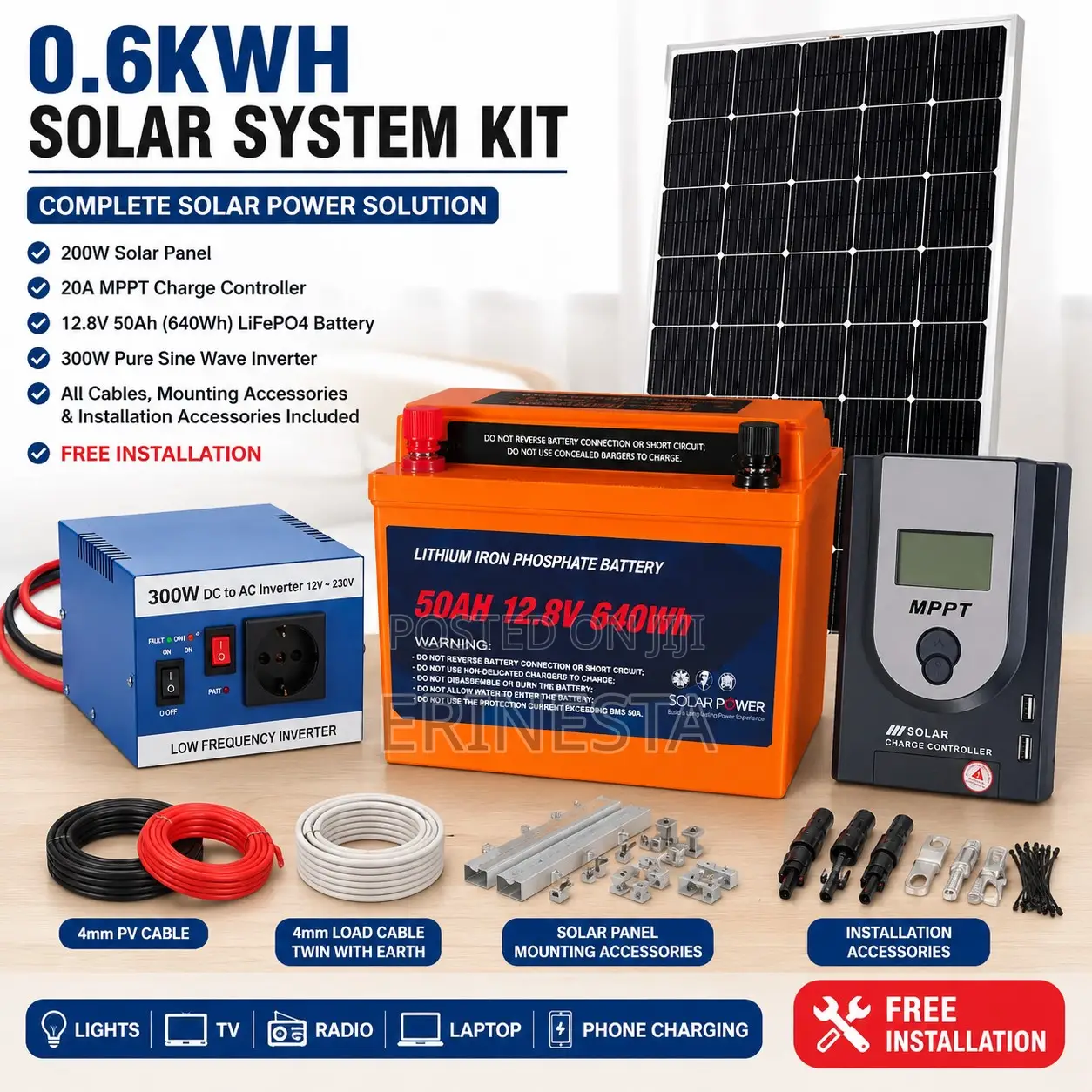 0.6kwh Solar System: 300w Inverter, 200w Panel, 50ah Lifepo4, 20a MPPT