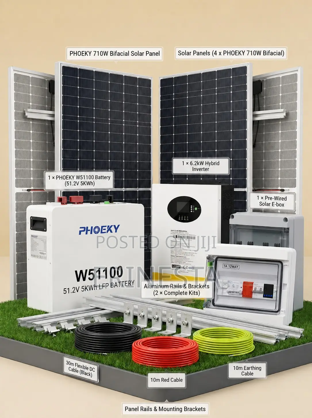 5kwh Lifepo4 Solar System: 6.2kw 48v Hybrid Inverter 4×710w Panels