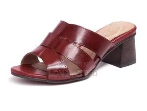 Women's Leather Wide Strap Block Heel Slide Sandals