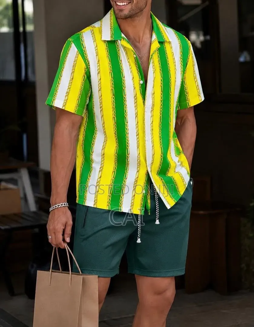 Men's Patterned Button-down Shirts Paired With Shorts.