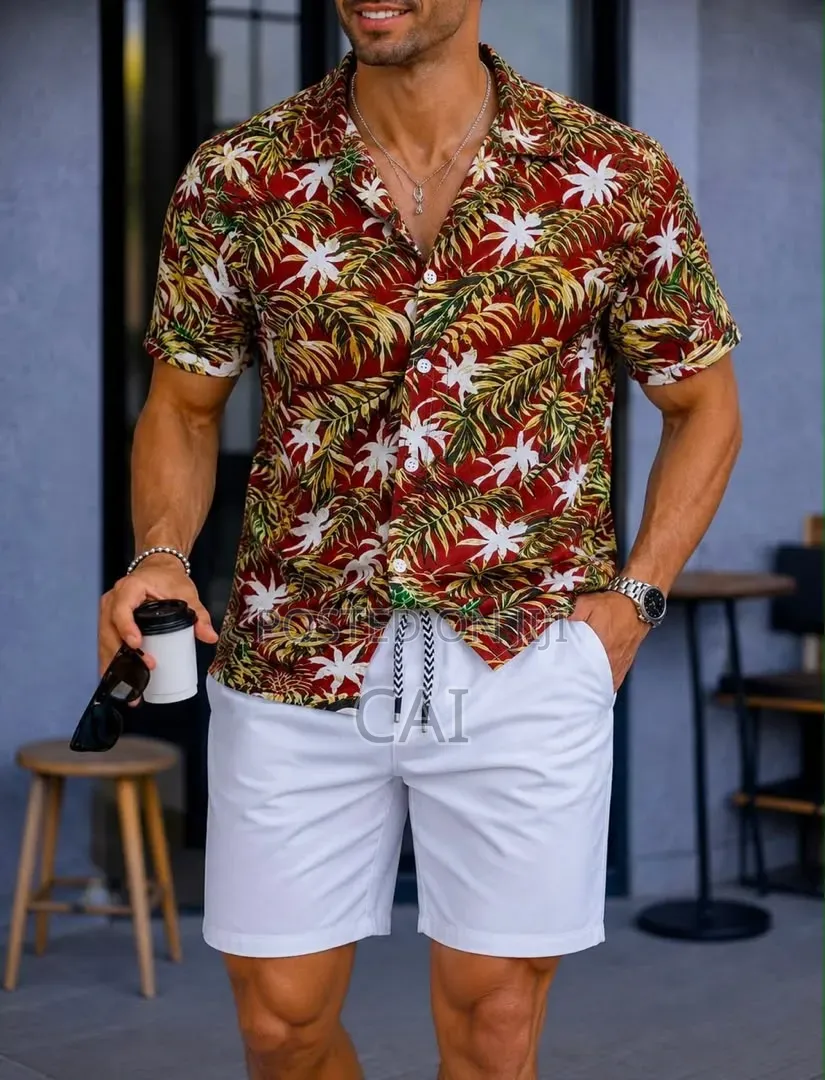 Men's Patterned Button-down Shirts Paired With Shorts.