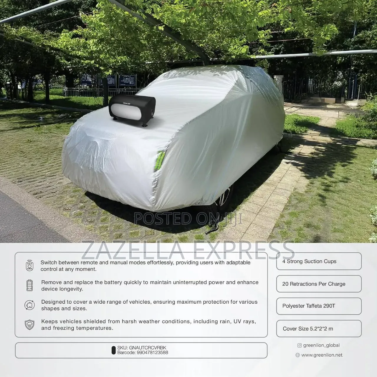Green Lion Auto Car Cover With Remote Control, Quick 10s Retraction